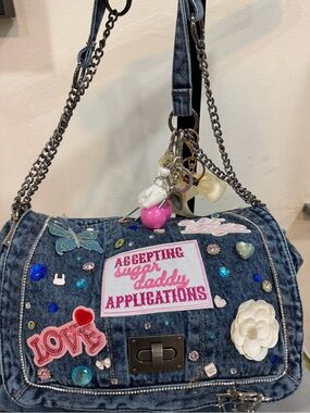 Denim Patch Embellished Crossbody Bag - Blue